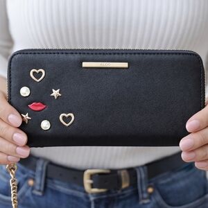 ALDO Black Wallet with Gold and Red Accents